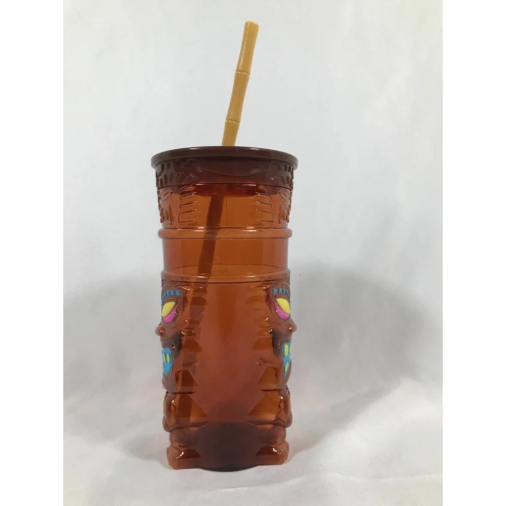 Berk Tiki Souvenir Tumbler Amber Plastic Cup with Bamboo Style Straw 22oz